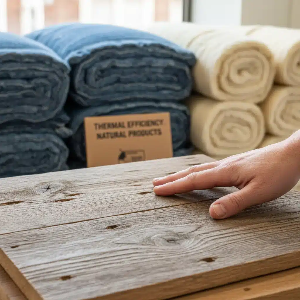 Hand touching reclaimed wood paneling, surrounded by sustainable insulation samples.