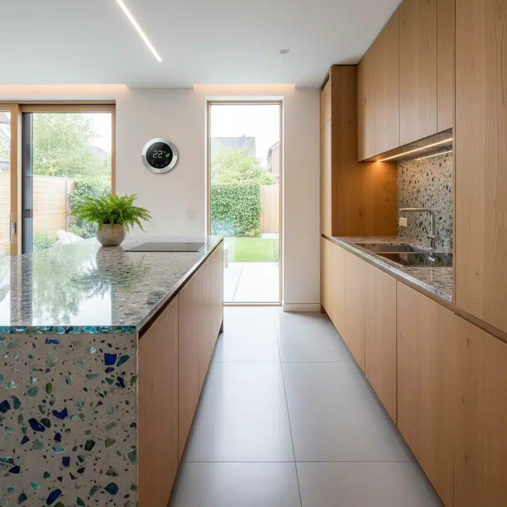 Contemporary kitchen with recycled glass countertops, sustainable wood cabinets, and smart home tech.
