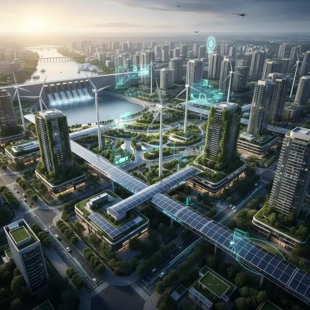 Renewable energy technologies integrated into a smart city, representing sustainable energy infrastructure.