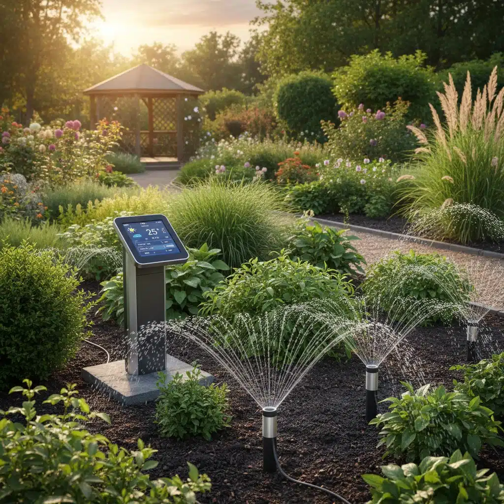 Smart irrigation system watering a garden efficiently