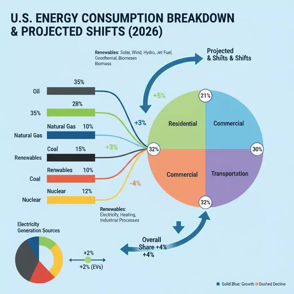 Infographic showing US energy consumption breakdown by sector and source, with 2026 projections.