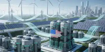 Futuristic U.S. power grid with integrated battery storage units and renewable energy sources like solar and wind.