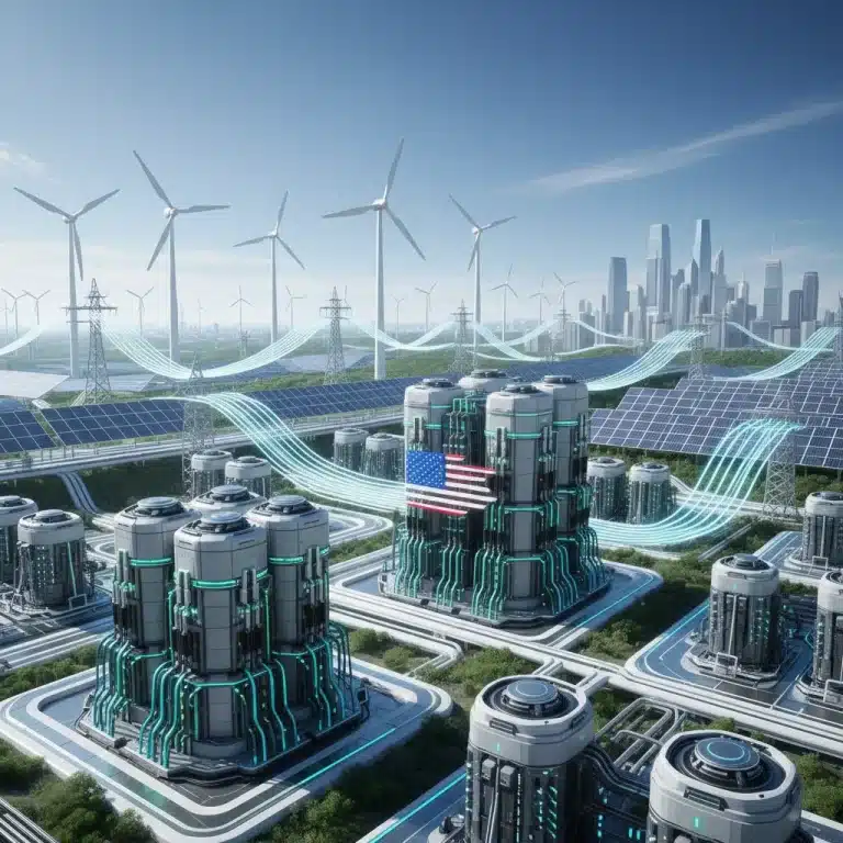 Futuristic U.S. power grid with integrated battery storage units and renewable energy sources like solar and wind.