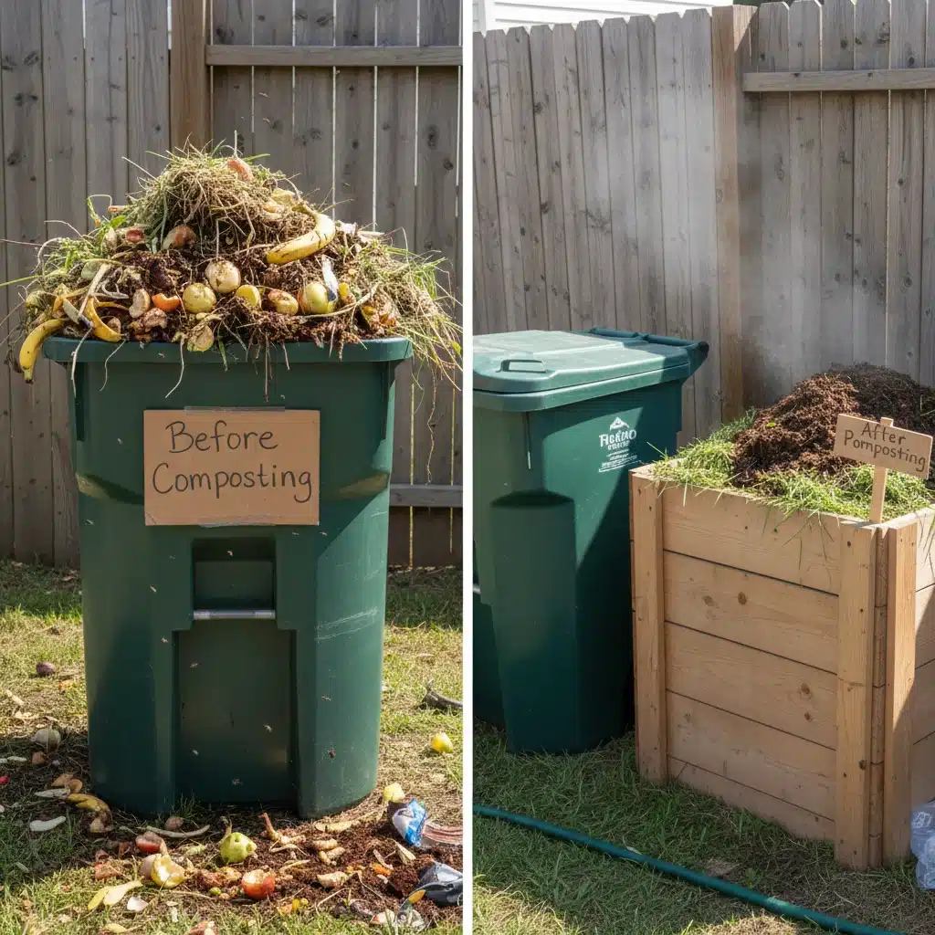 Comparison of full and empty trash cans with a compost pile, illustrating waste reduction through composting.