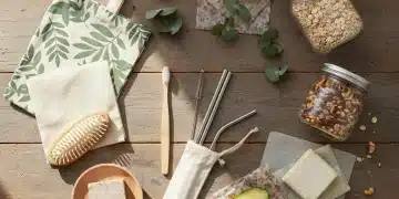 Collection of zero waste essentials, including reusable bags, jars, and personal care items, arranged neatly on a wooden surface.