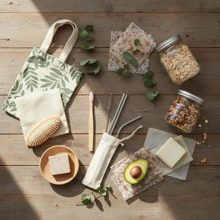 Collection of zero waste essentials, including reusable bags, jars, and personal care items, arranged neatly on a wooden surface.
