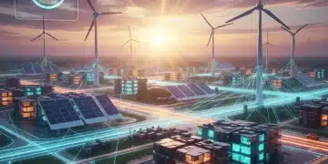 Futuristic US energy grid with advanced battery storage systems and renewable energy sources.
