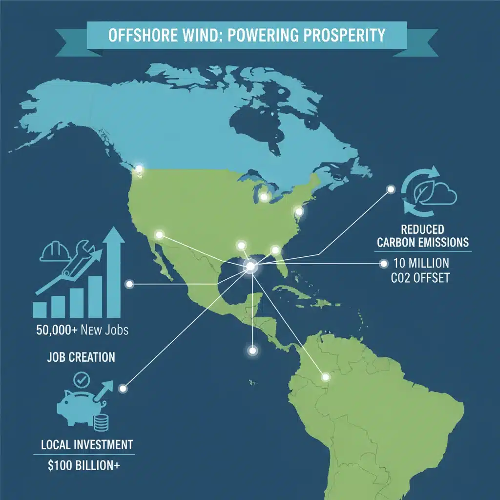 Infographic showing economic and environmental benefits of US offshore wind projects.