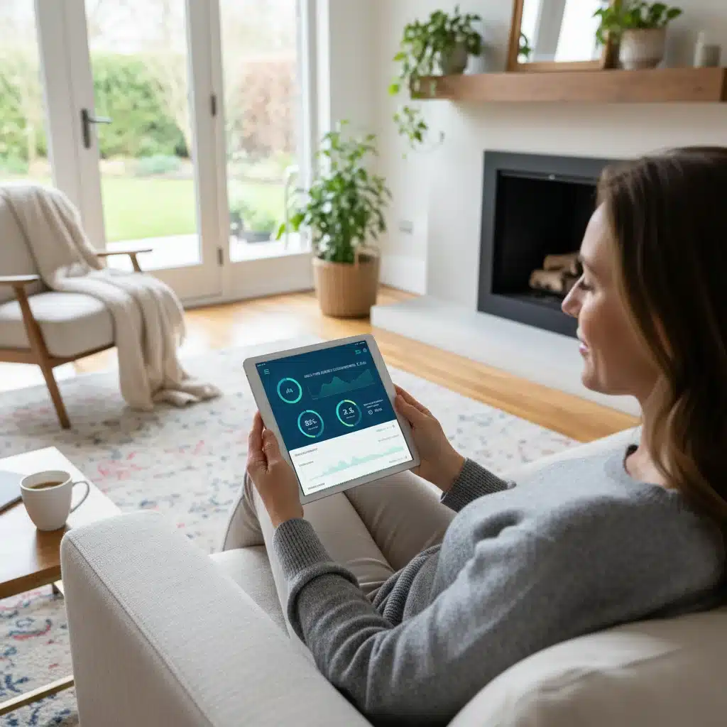 Homeowner checking energy monitoring app on tablet.