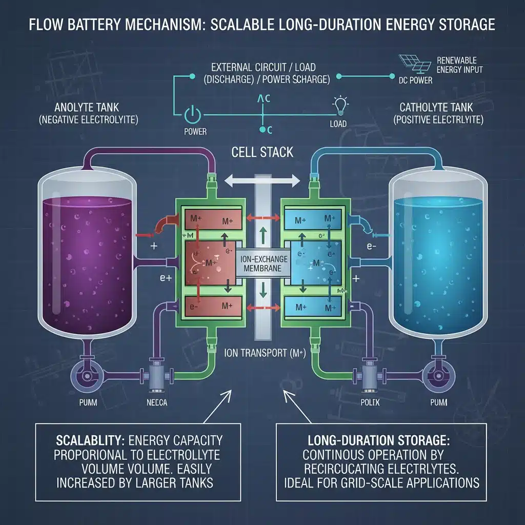 Diagram illustrating the operational principles of a flow battery system