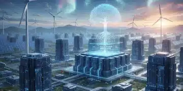 Futuristic battery storage facility with renewable energy sources