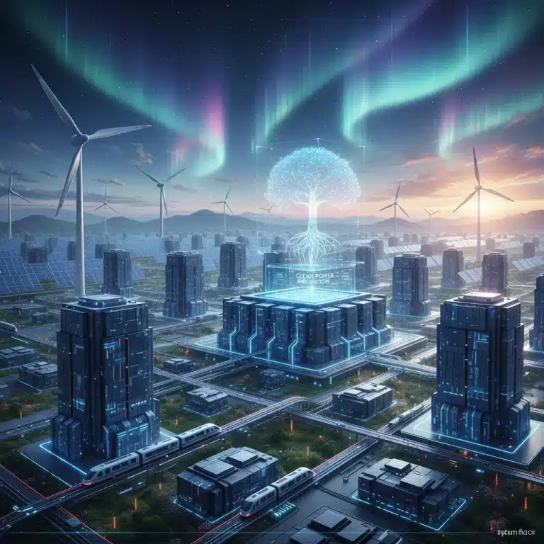 Futuristic battery storage facility with renewable energy sources