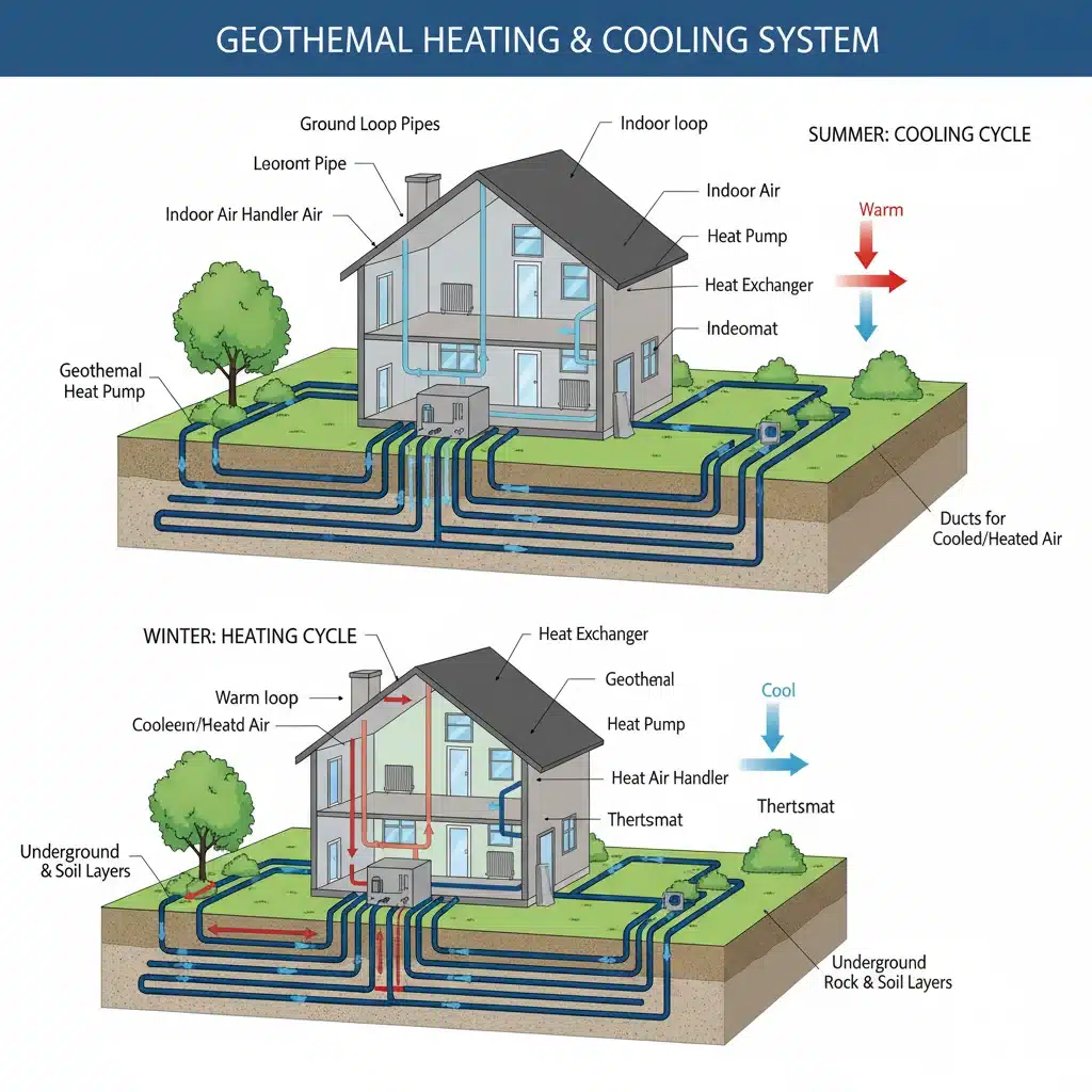 Detailed diagram of a geothermal heating and cooling system with underground pipes.