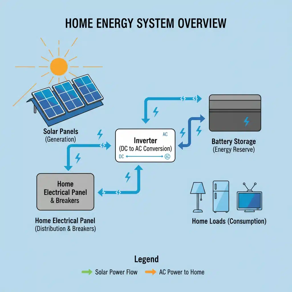 Infographic showing home energy system components: solar, inverter, battery.