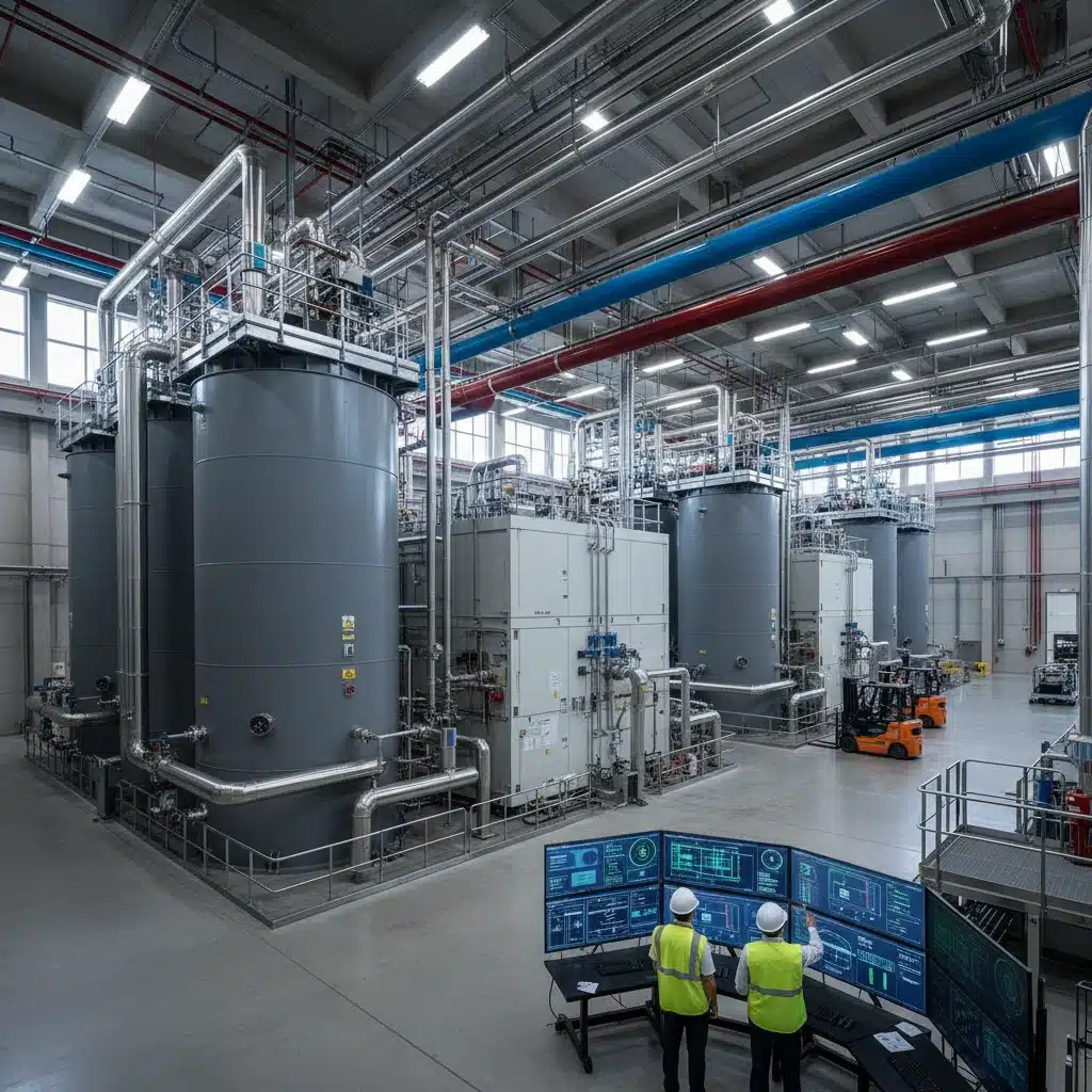 Industrial flow battery system for large-scale energy storage in a modern facility.