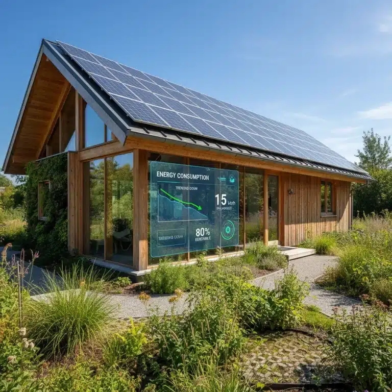 Modern home with solar panels and green landscaping, symbolizing energy efficiency and sustainability.