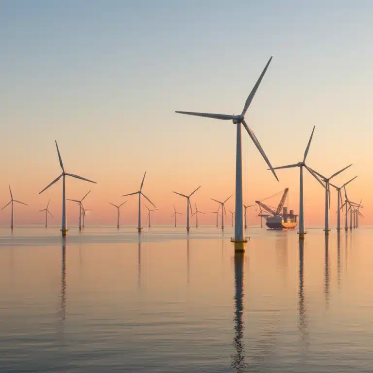 Offshore wind farm at sunrise, symbolizing renewable energy progress in the US.