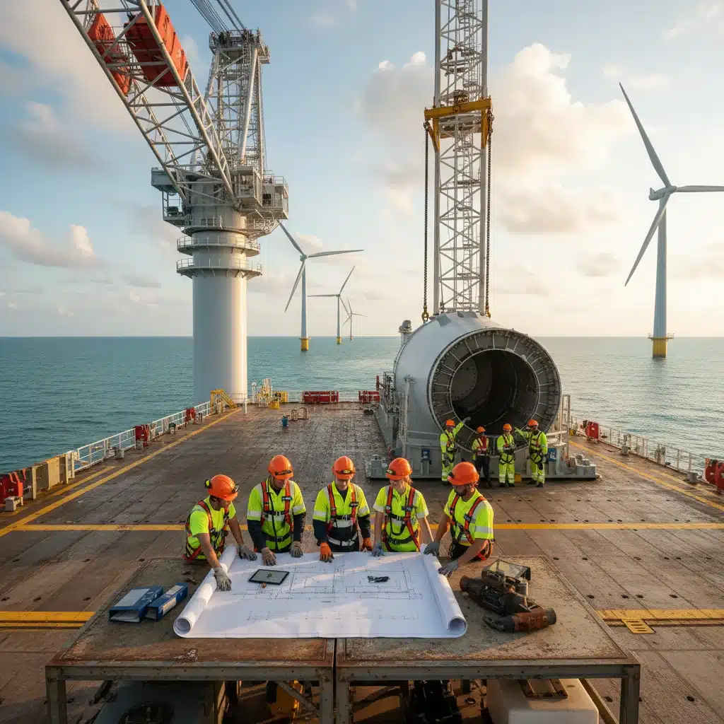 Engineers on an offshore wind installation vessel planning deployment