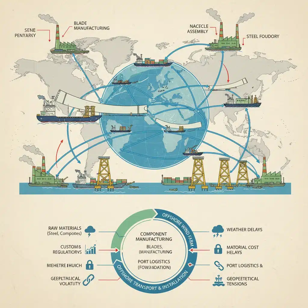 Complex global supply chain for offshore wind components illustration