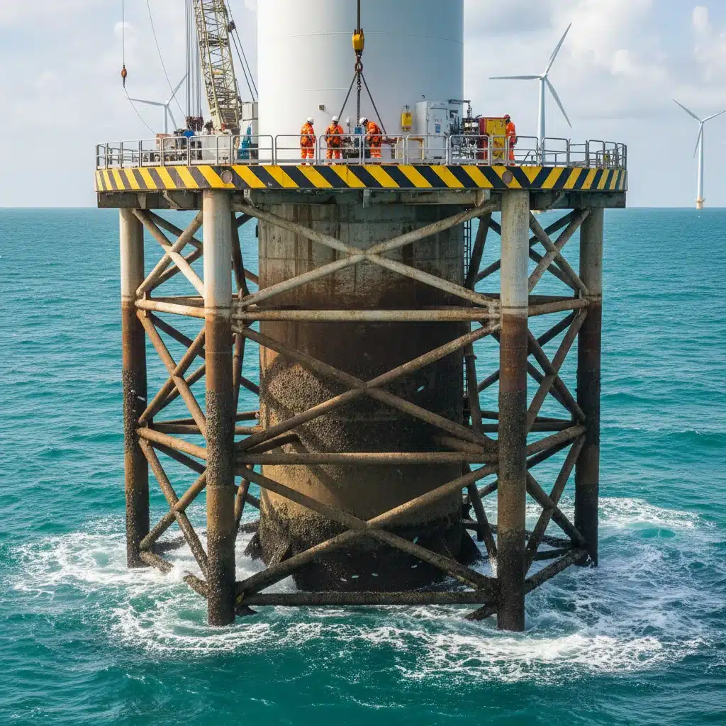 Engineers inspecting the robust foundation of an offshore wind turbine.