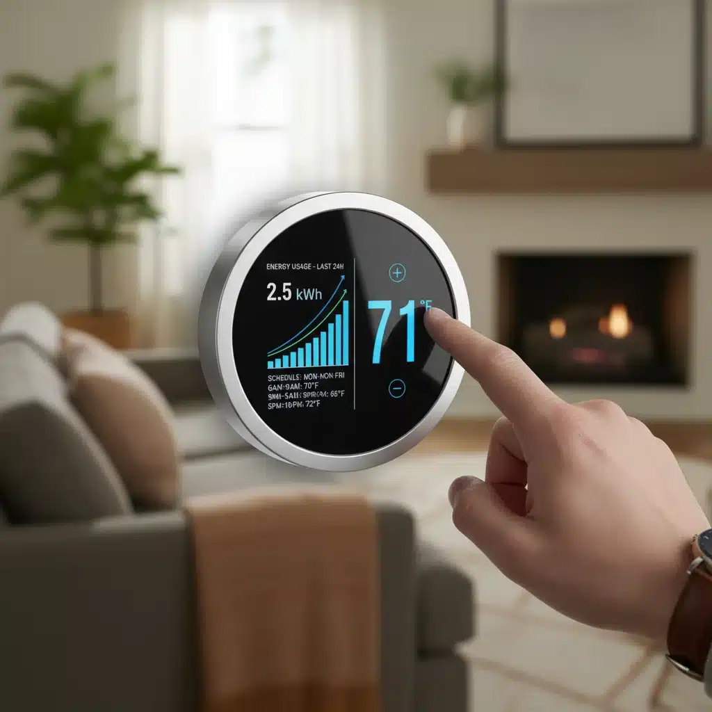 Smart thermostat displaying energy data, being adjusted by hand in a modern living room.
