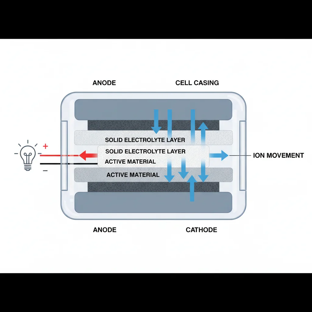 Diagram of a solid-state battery showing its internal components and operational principles.