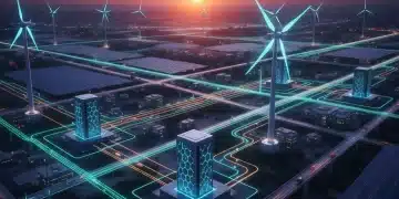 Advanced battery storage units integrating with a modern energy grid and renewable sources.