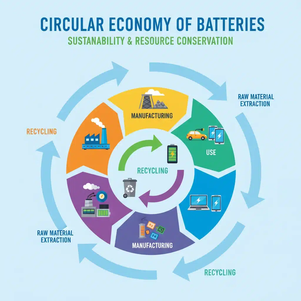 Circular economy model for battery lifecycle and recycling.