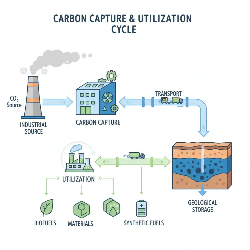 Infographic showing carbon capture, utilization, and storage lifecycle