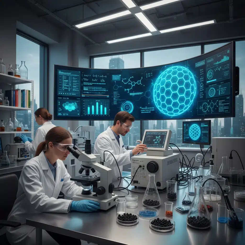 Scientists analyzing carbon capture materials in a lab