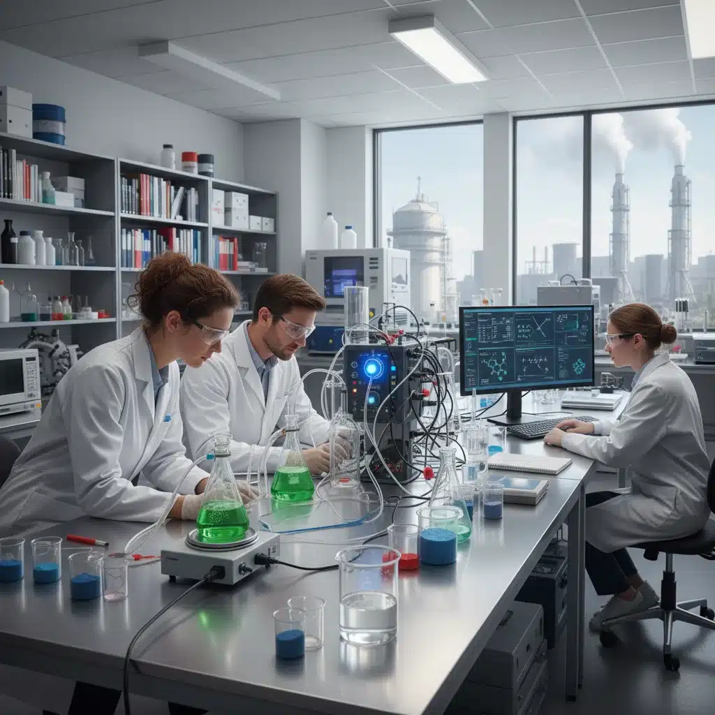 Researchers analyzing carbon capture data in a modern laboratory