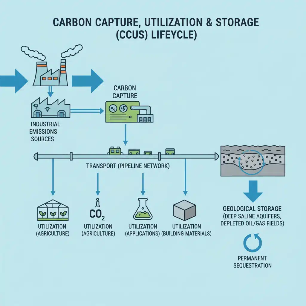Infographic illustrating the full carbon capture, utilization, and storage (CCUS) process