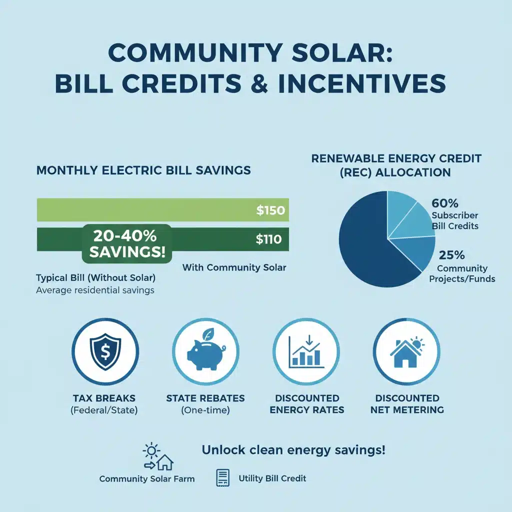 Infographic detailing community solar bill credits and financial incentives.