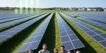 Community solar farm with diverse participants, symbolizing clean energy savings and environmental benefits.