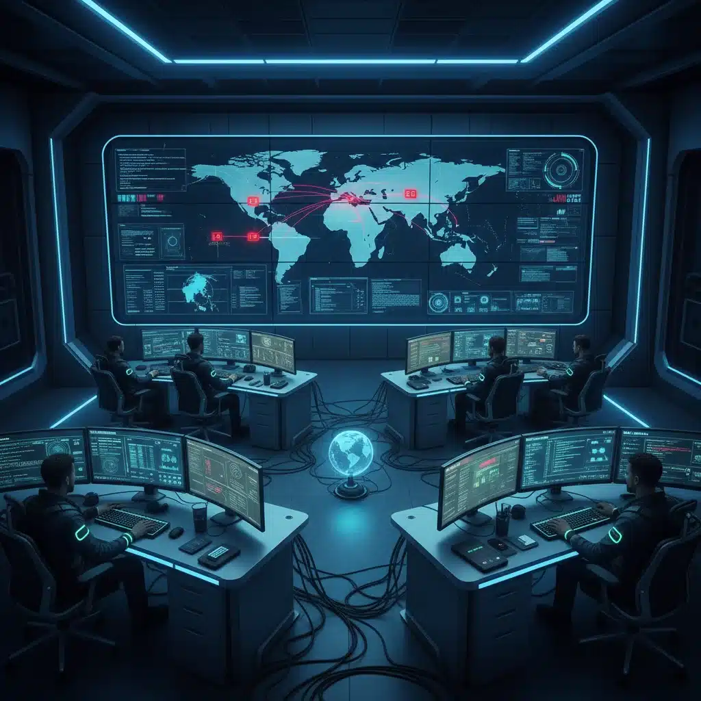 Cybersecurity operations center monitoring network threats to the energy grid.