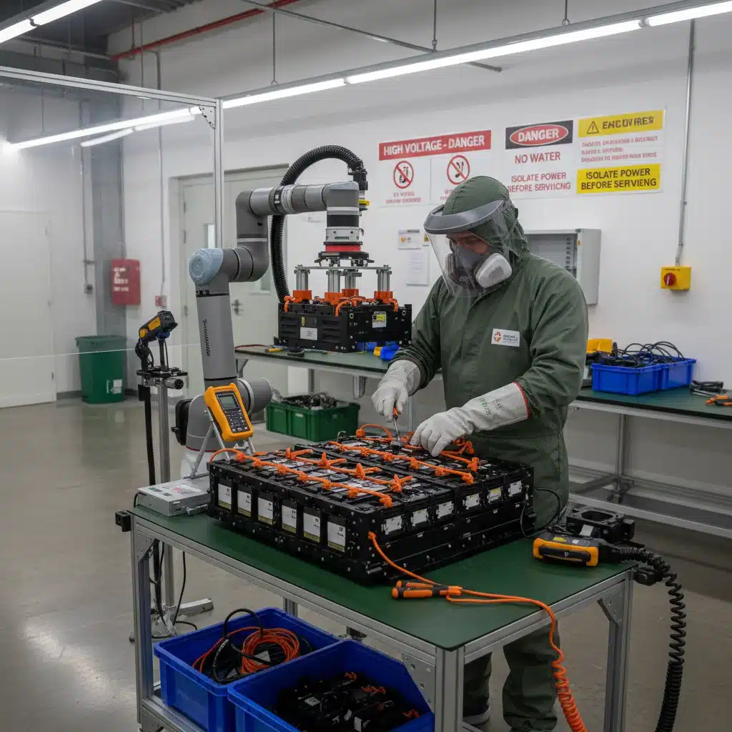 Technician safely dismantling an electric vehicle battery for recycling.