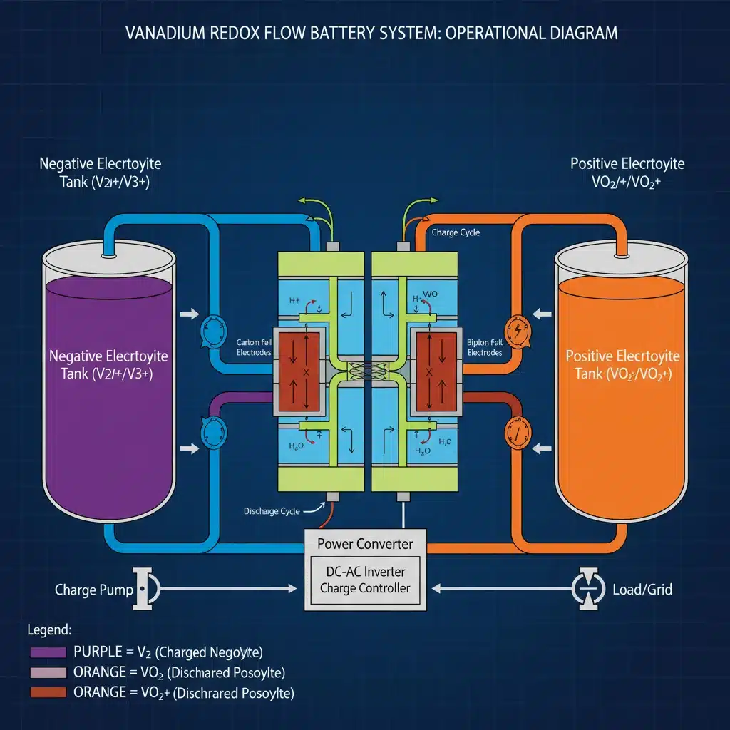 Diagram showing the operational principles of a vanadium redox flow battery system.