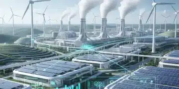 Industrial complex with clean emissions and renewable energy, symbolizing decarbonization.