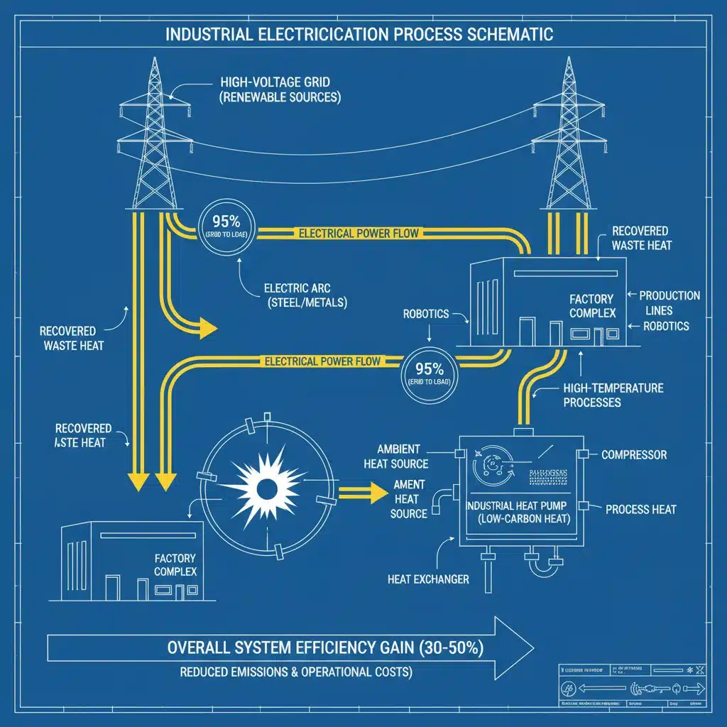 Diagram of industrial electrification process and energy flow.