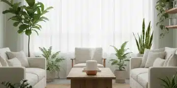 Lush green houseplants and an open window in a bright living room, symbolizing natural indoor air quality improvement.