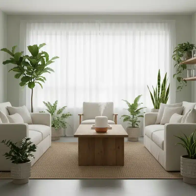 Lush green houseplants and an open window in a bright living room, symbolizing natural indoor air quality improvement.