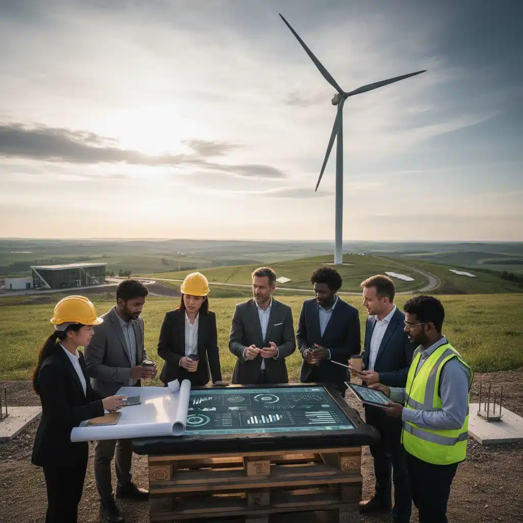 Team of experts analyzing financial data and blueprints for renewable energy investment.