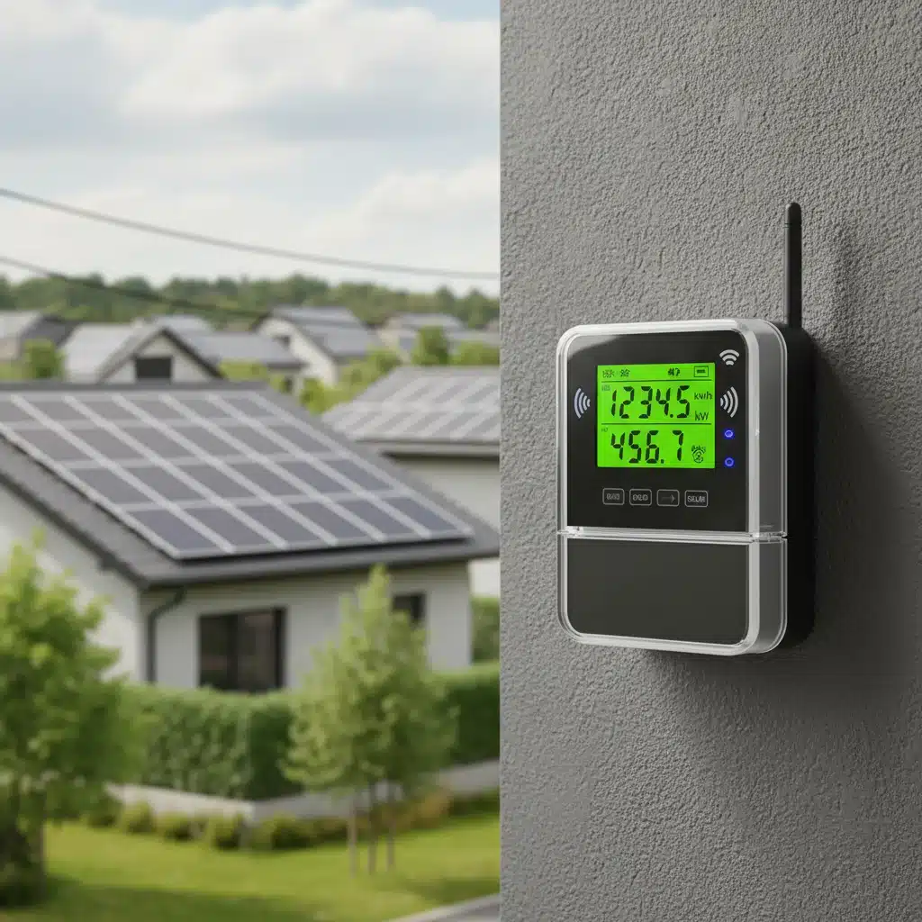 Smart meter displaying digital data on a modern house with solar panels.