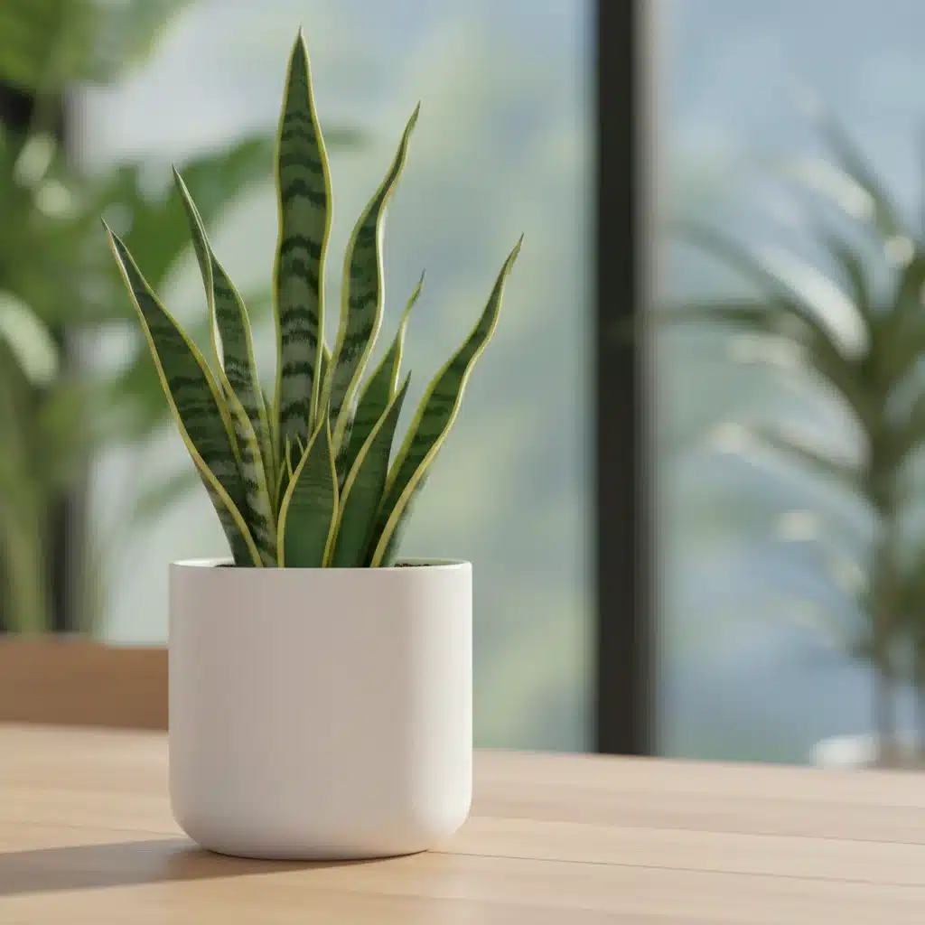 Close-up of a vibrant snake plant, known for its air-purifying benefits in indoor environments.