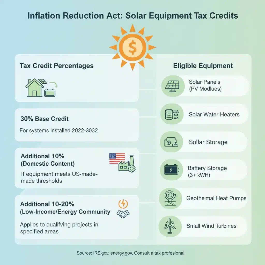 Infographic detailing Inflation Reduction Act solar tax credit percentages and eligible equipment.