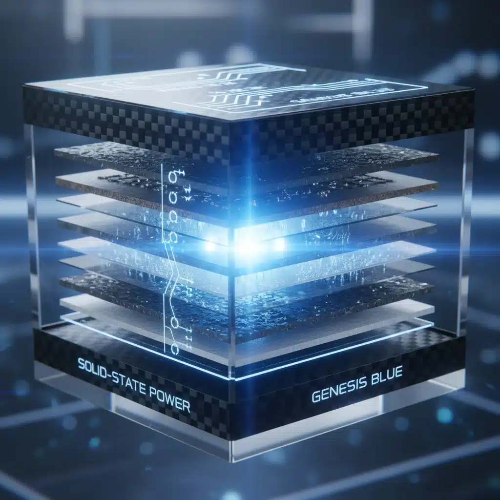 Close-up of a solid-state battery cell, highlighting its innovative internal structure.