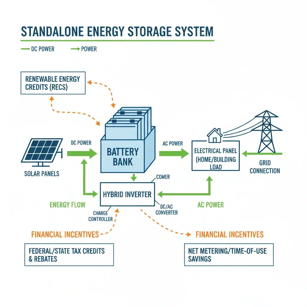 Diagram showing the components and energy flow of a standalone battery storage system.