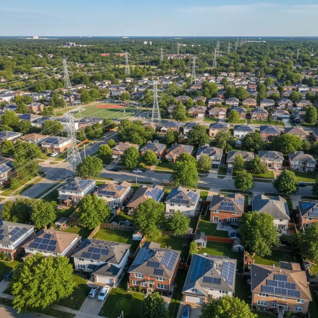 Aerial view of a suburban neighborhood with many homes featuring new solar panel installations.