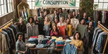 People happily participating in a sustainable clothing swap event.