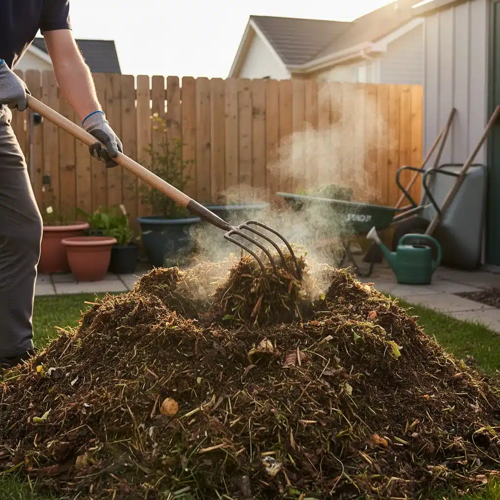 Hands aerating an active outdoor compost pile with a pitchfork